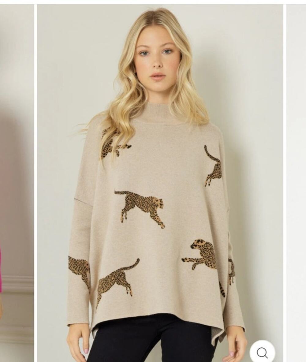 Entro Cheetah Print Sweater Medium Mock Neck Knit Beige Oversized Side Slit